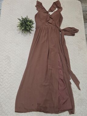 Revelry Dusty Pink Valerie Chiffon Faux Wrap Ruffle Dress, Size 12 Style 9299-R